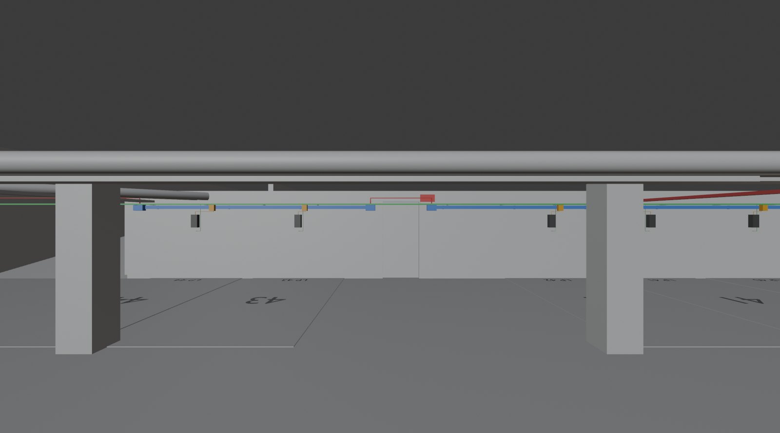 A mélygarázs 3D-modellje sínelosztóval és fali töltőkkel a déli falon