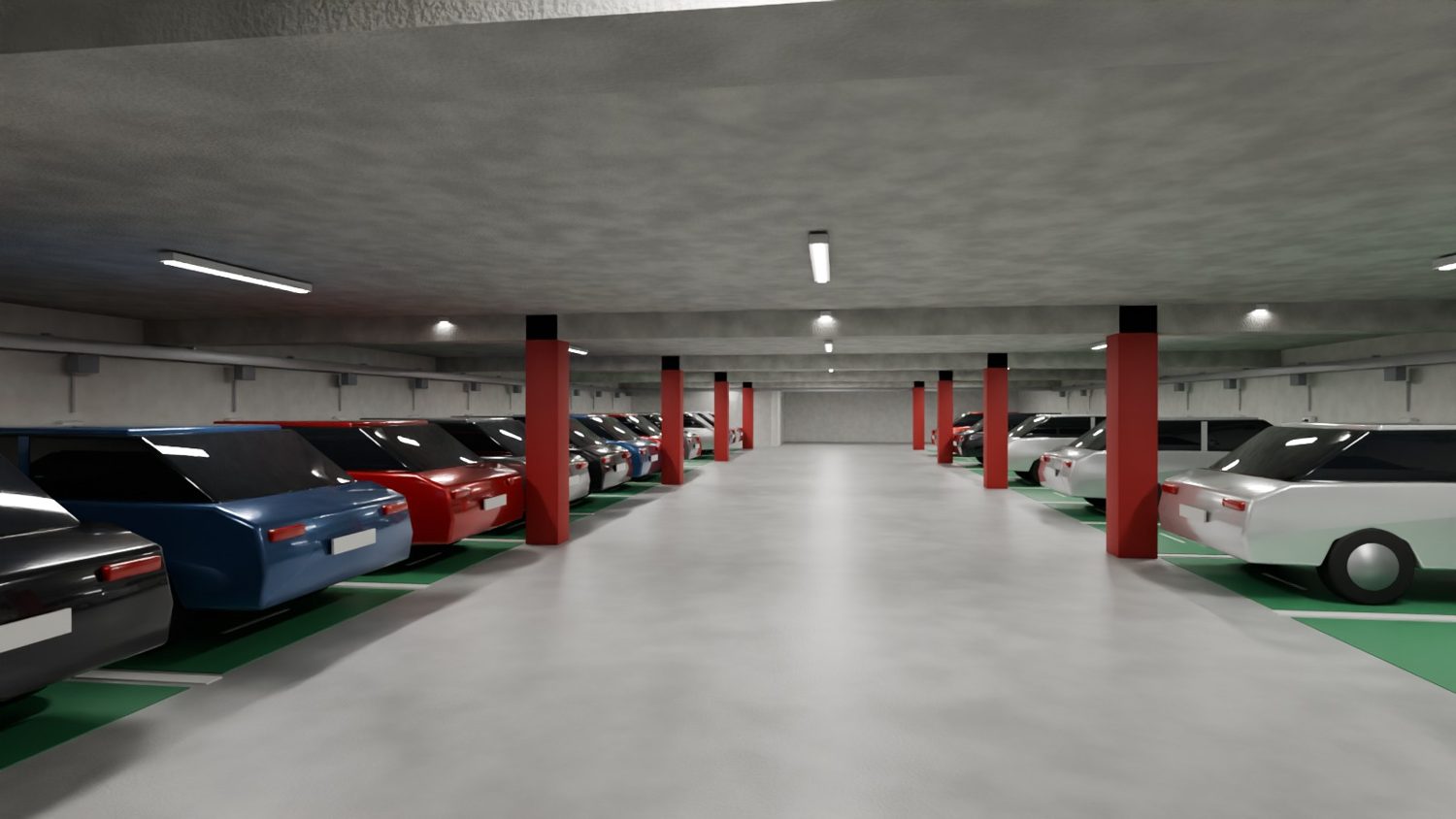 Blick durch eine Tiefgarage nach dem Ausbau: Fahrgasse in der Mitte, beidseitig Stellplätze mit grüner Markierung, Wallboxen an der Wand