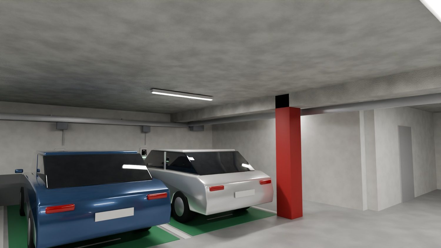 Zwei Stellplätze mit Fahrzeugen, dazwischen eine Wallbox an der Wand